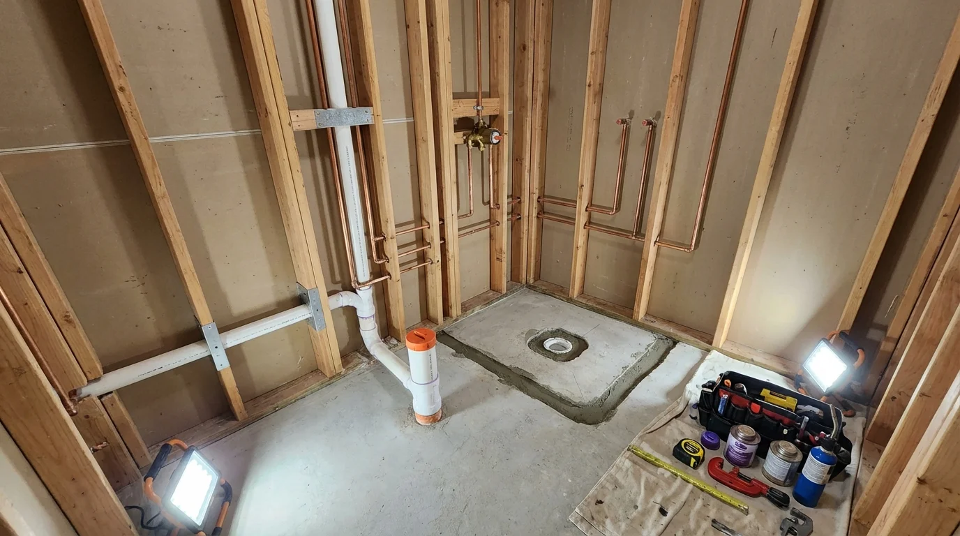 Bathroom rough-in plumbing during remodel by Johns Plumbing LLC in Hayfield