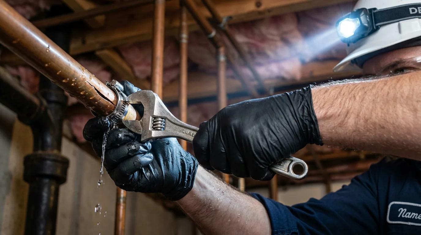 Emergency pipe clamp repair being performed by a Johns Plumbing LLC plumber in Hayfield