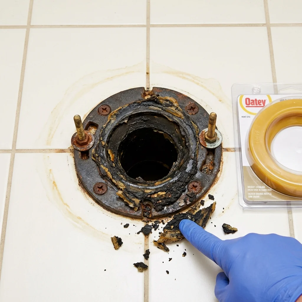 Failed wax ring showing water seepage at the base of a toilet in a Hayfield, MN home